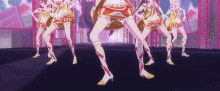 a group of anime girls are dancing together in a row