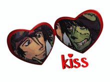 a couple of hearts with the word kiss in red