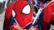 a close up of a spider man 's face with a spider web behind him