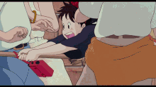 a cartoon of a girl holding a red object in her hands