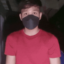 a young man wearing a red t-shirt and a black mask .
