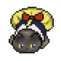 a pixel art drawing of a cat wearing a hat with a red bow .