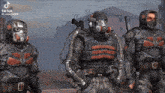 three soldiers wearing gas masks are standing next to each other with tiktok written on the bottom