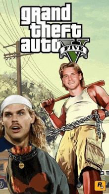 a poster for grand theft auto 5 shows a man with a bat