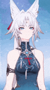 a woman with white hair and blue eyes is wearing a blue top