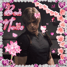a picture of a man surrounded by pink flowers and the words boa noite