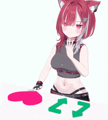 a red haired anime girl is standing next to a pink heart and green arrows