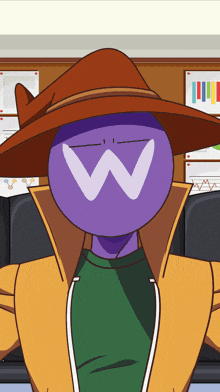 a cartoon character wearing a hat with a w on it