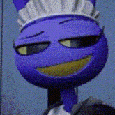 a close up of a purple cartoon character wearing a maid 's hat .