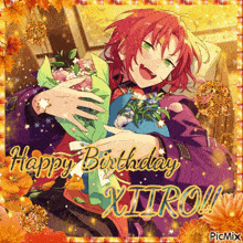 a picture of a man holding a bouquet of flowers with the words happy birthday written on it