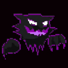 a pixel art of a black cat with purple teeth and a purple mouth .