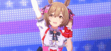 a girl in a red and white dress with a bow on her head says " ready go "