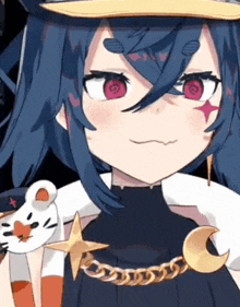 a close up of a cartoon character with red eyes wearing a hat and necklace
