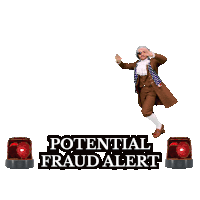 a man in a brown coat stands on a potential fraud alert sign