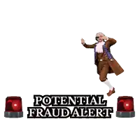 a man in a brown coat stands on a potential fraud alert sign