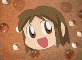 a cartoon character with brown hair and white eyes is surrounded by marbles