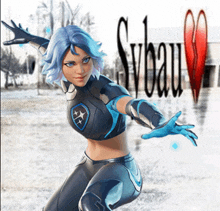 a woman in a superhero costume stands in front of a sign that says svbaum