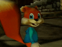 a close up of a cartoon squirrel wearing a blue shirt and smiling in a video game .
