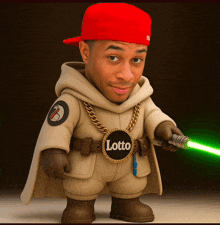 a man wearing a red hat and a lotto necklace is holding a green lightsaber