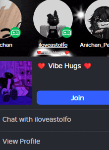 a screen shot of a vibe hugs page with a blue join button