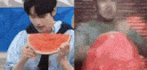 a man is eating a slice of watermelon next to a picture of a woman eating a watermelon .