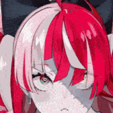 a close up of a pink and white anime character with red hair
