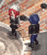a pixel art of two people standing on a ledge