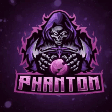 a logo for phantom shows a skeleton holding a purple ball