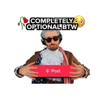 a man in a costume is holding a red post button