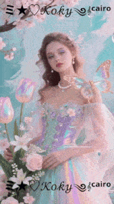 a woman in a purple dress is surrounded by flowers and a butterfly