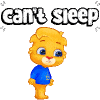 a cartoon bear wearing a blue shirt with a crown on it says " can 't sleep "