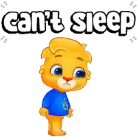 a cartoon bear wearing a blue shirt with a crown on it says " can 't sleep "