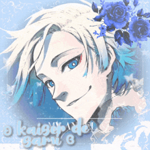 a drawing of a boy with blue hair and the name o kaiser adei garu