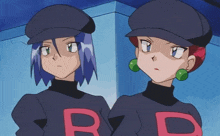 a man and a woman are standing next to each other wearing shirts with the letter r and d on them