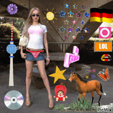 a girl in a short skirt is surrounded by stickers including a lol sign