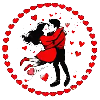 a drawing of a man and woman kissing in a circle of red hearts with the word love written on the bottom