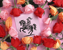 a knight on a horse is surrounded by roses on a pink background