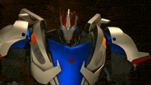 a robot with a transformers logo on his chest