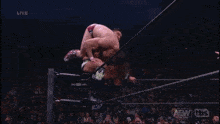 a wrestler is being lifted up by another wrestler during a live aew tv show