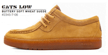 a pair of cats low buttery soft wheat suede shoes with a brown sole