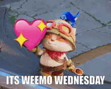 a cartoon character holding a heart with the words " its weemo wednesday "