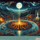 a painting of a circle of people around a fire with pixiz written on the bottom right