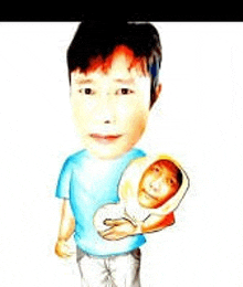 a cartoon of a man holding a baby in his arms on a white background .