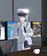 a girl in a military uniform is standing in front of a computer monitor