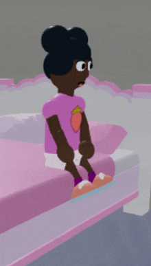 a cartoon girl is sitting on a bed with a strawberry shirt on