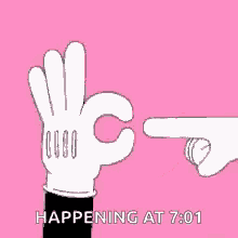 a cartoon hand is making a peace sign with its fingers on a pink heart .