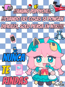 a picture of a girl holding a microphone with the words " nunca te rindas " on the bottom