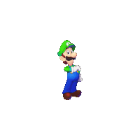 a cartoon character with a green hat and blue pants is standing on a white background