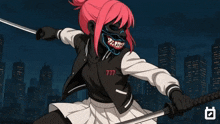 a girl with a mask on her face is holding a sword with the number 777 on her jacket