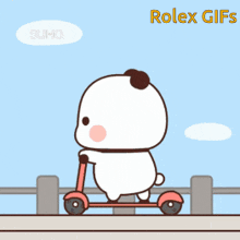 a cartoon of a bear riding a scooter with rolex gifs on the bottom right